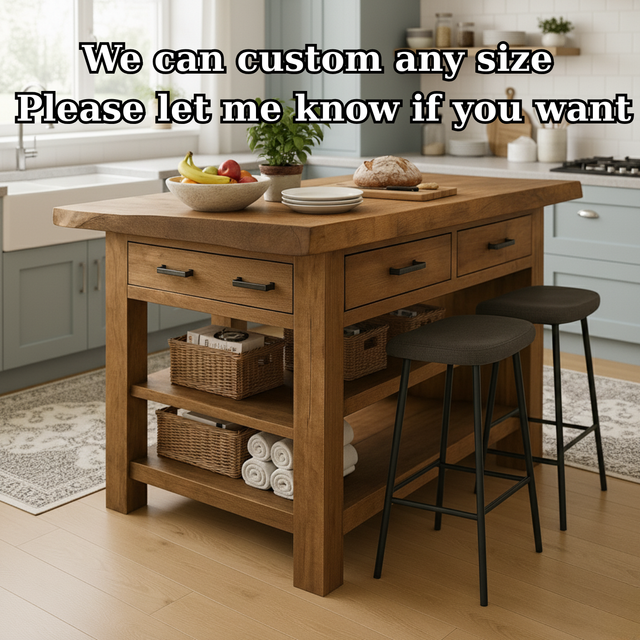 Handcrafted Solid Wood Kitchen Island - Rustic Top, Drawers & Open Shelving