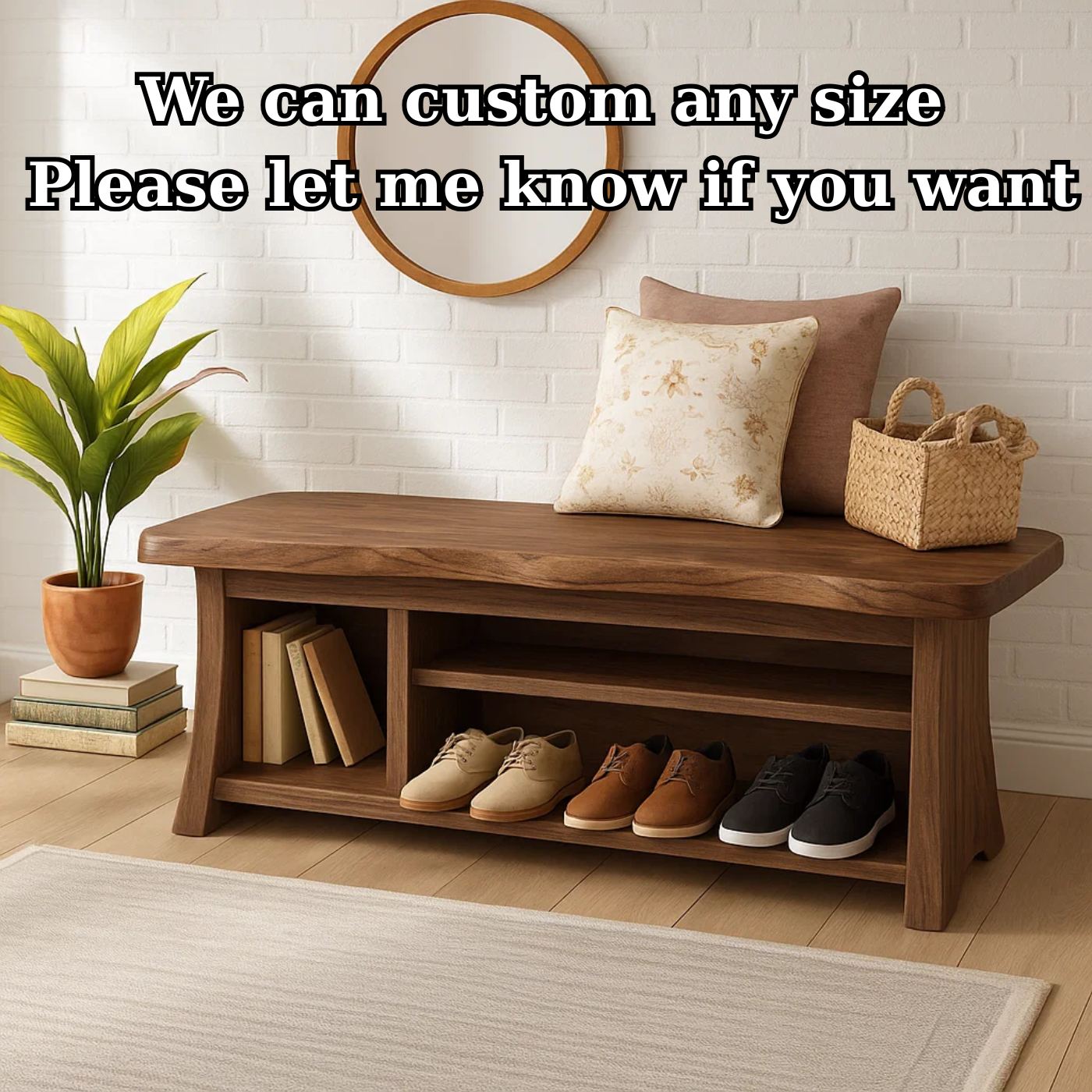 Handcrafted Solid Wood Walnut Bench – Organic Design with Integrated Shelving