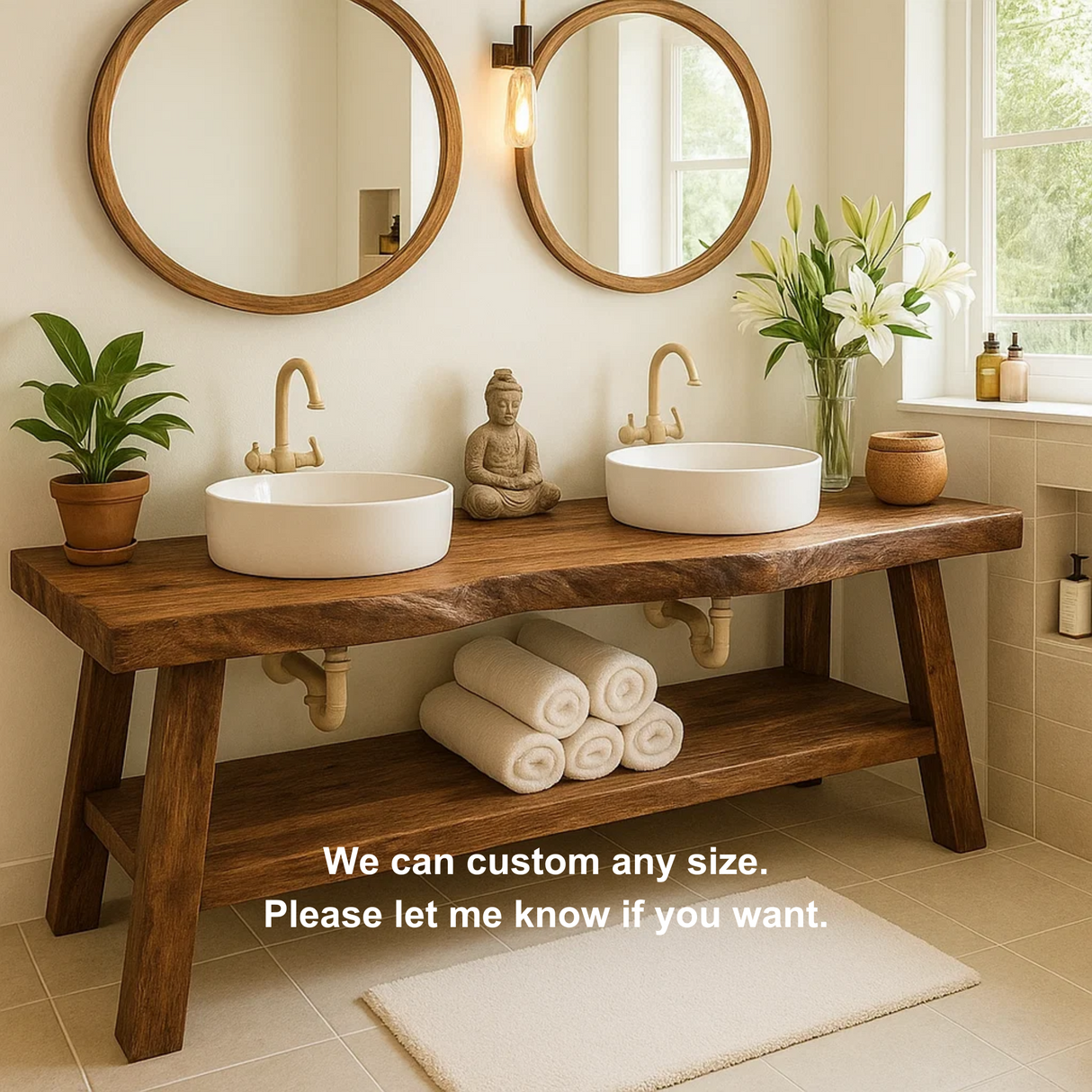 Handcrafted Double Solid Wood Bathroom Vanity with Drawers and Slatted Shelf for Modern Homes