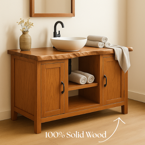 Handcrafted Solid Wood Bathroom Vanity – Live Edge Top with Dual Cabinets and Open Shelf