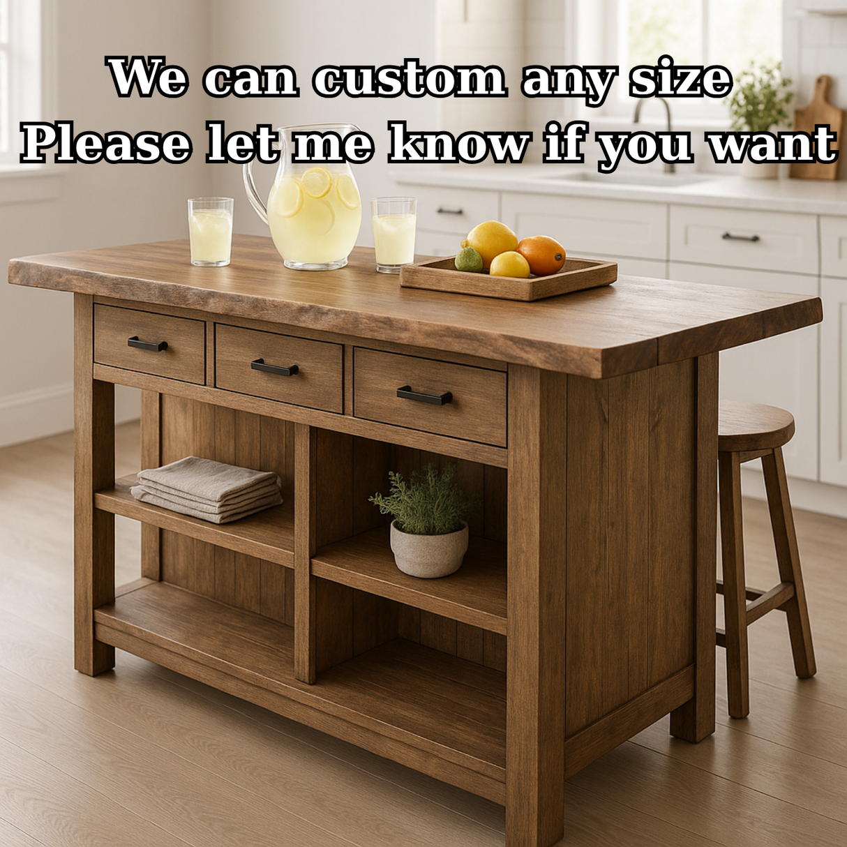 Handcrafted Solid Wood Kitchen Island - Rustic Top, 3 Drawers & Open Shelving