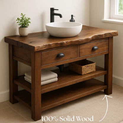 Handcrafted Solid Wood Bathroom Vanity – Live Edge Top with 2 Drawers and Open Shelving
