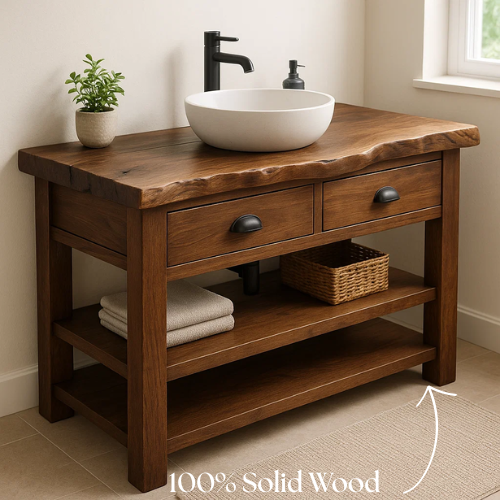 Handcrafted Solid Wood Bathroom Vanity – Live Edge Top with 2 Drawers and Open Shelving