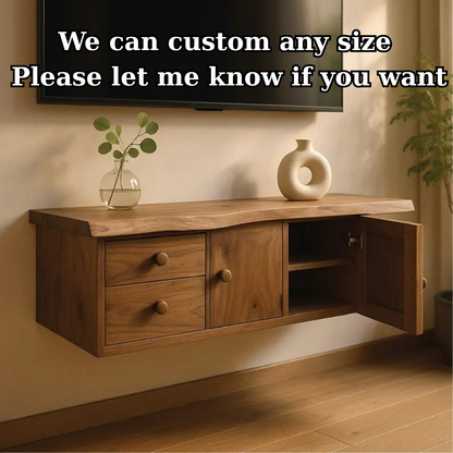 Handcrafted Solid Wood Floating TV Stand, Live Edge Media Console with Cabinet & Drawers