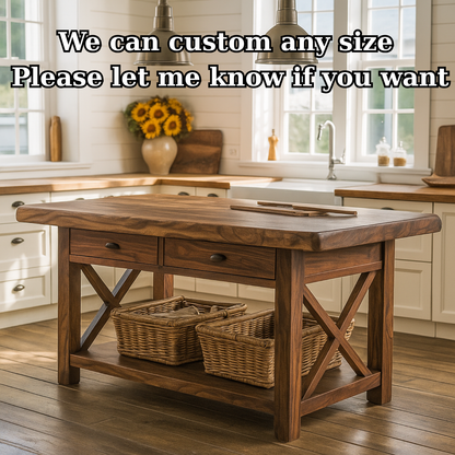 Handcrafted Solid Wood Kitchen Island - X-Base Design & Dark Finish