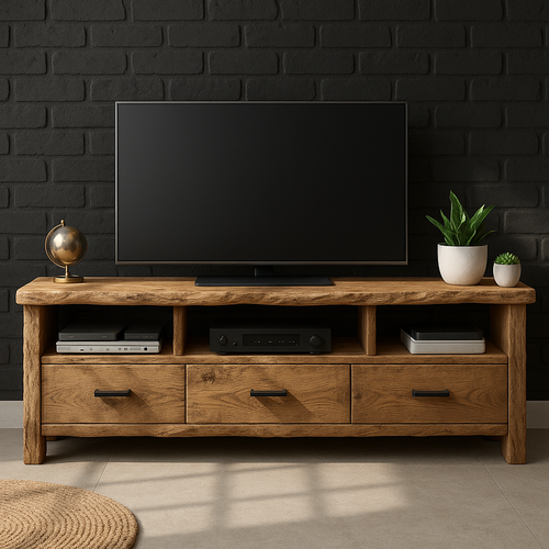 Rustic Solid Wood TV Stand with Live Edge – Handcrafted Media Console with Drawers and Open Shelves for Modern Organic Interiors