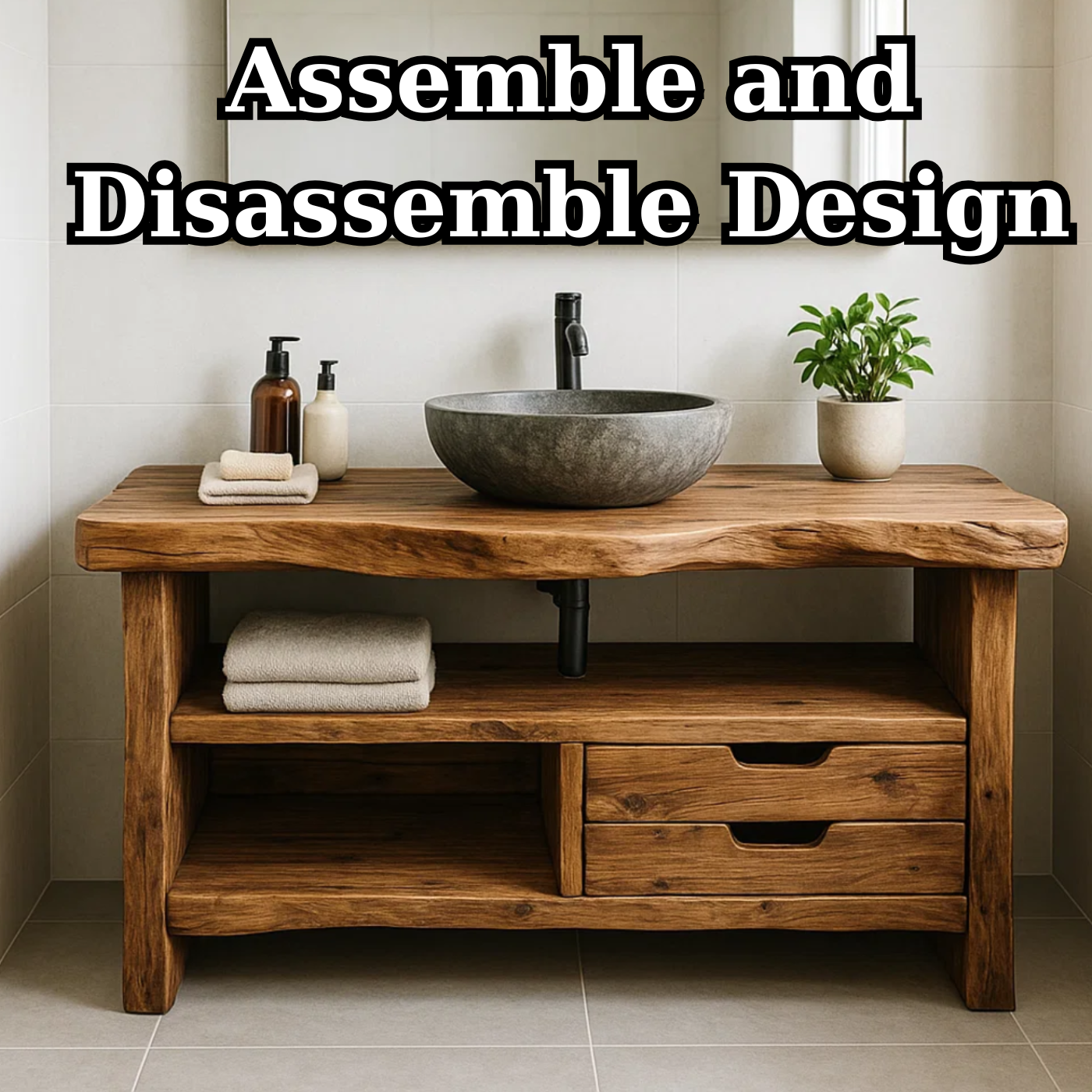Handcrafted Solid Wood Bathroom Vanity, Rustic Live Edge Console with Storage