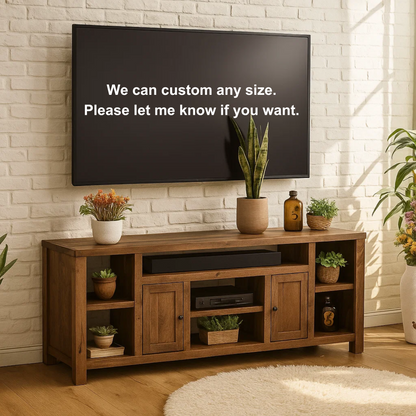 Handcrafted Solid Wood TV Stand – Rustic Entertainment Console with Shelves and Cabinets