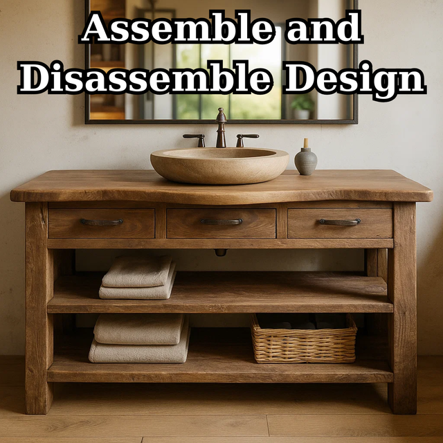 Handcrafted Solid Wood Bathroom Vanity with Curved Live-Edge Top and Triple Storage Drawers