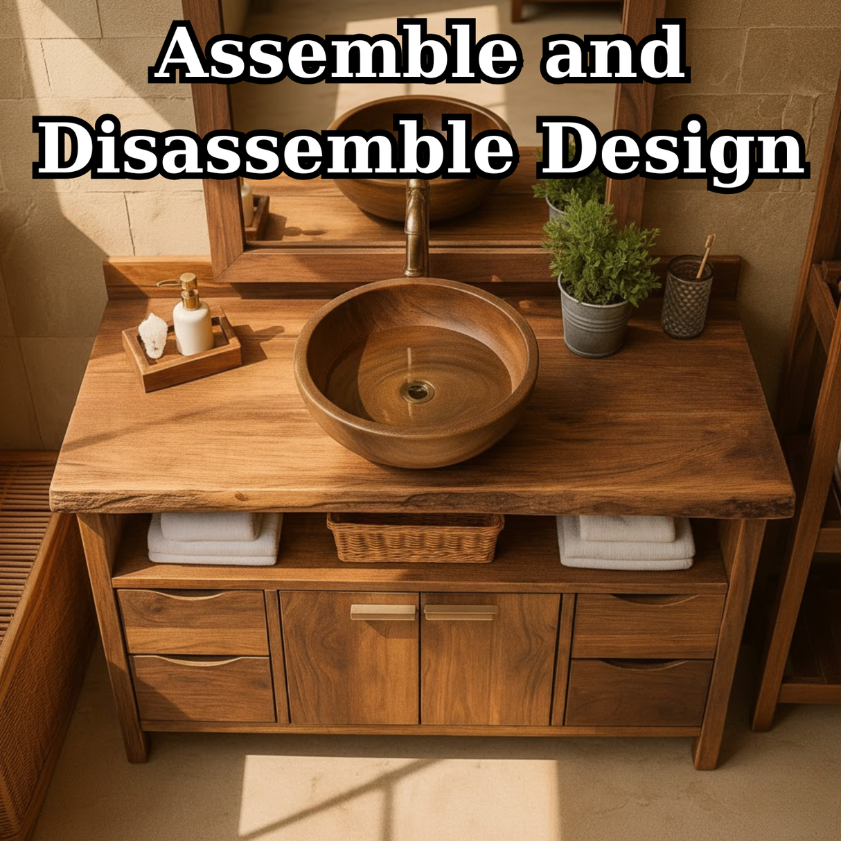 Handcrafted Solid Wood Bathroom Vanity with Live Edge Walnut Top and Double Storage Cabinets