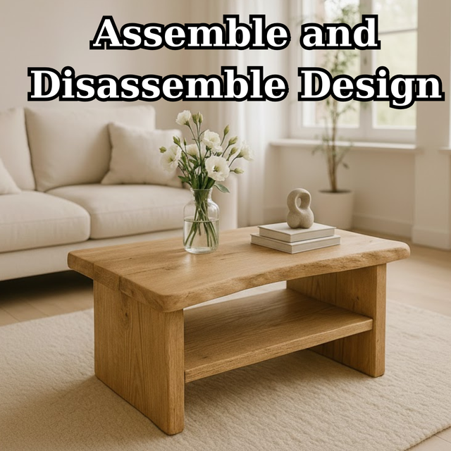 Handcrafted Solid Oak Coffee Table - Live Edge, Rustic Modern with Open Shelf