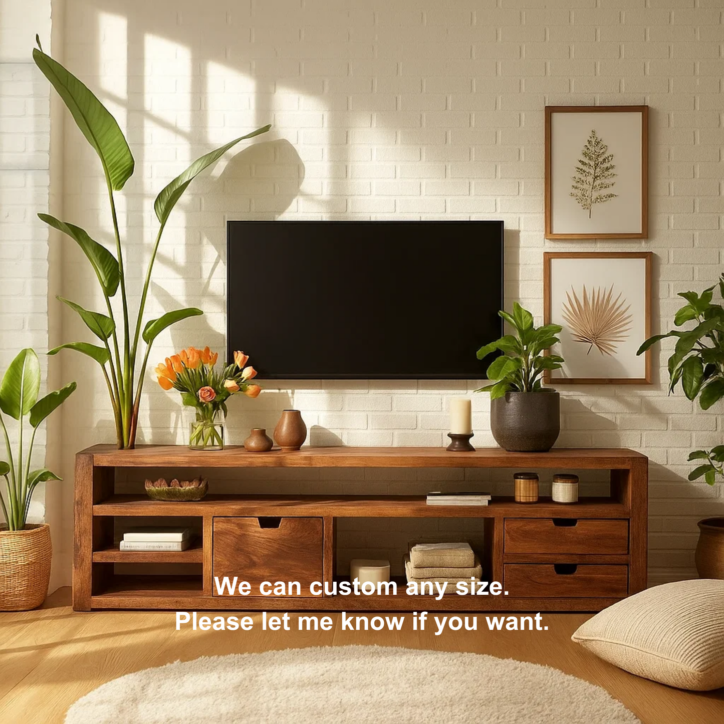 Handcrafted Solid Wood TV Stand with Drawers – Modern Rustic Media Console for Living Room