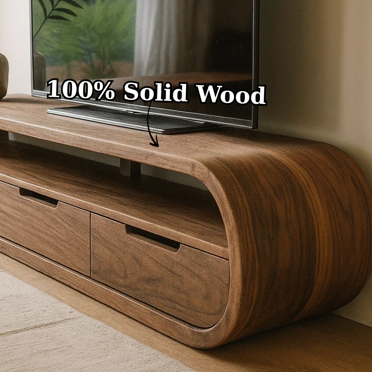 Handcrafted Solid Wood TV Stand - Modern Curved Console, Easy Assembly, 3 Drawers