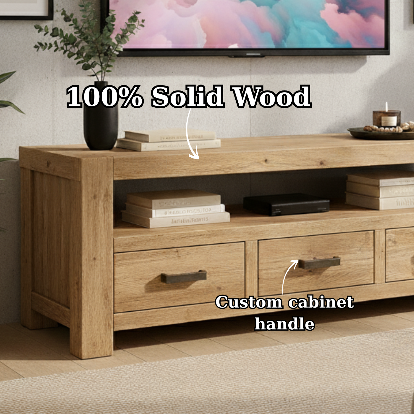 Handcrafted Solid Wood TV Stand - Chunky Rustic Media Console with 3 Drawers & Shelf