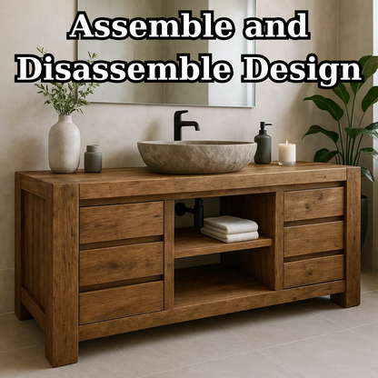 Handcrafted Solid Wood Bathroom Vanity - Wide Rustic Storage Cabinet with Drawers & Shelf