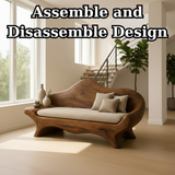 Handcrafted Solid Wood Sofa – Sculptural Organic Wood Couch with Linen Cushion