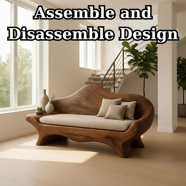 Handcrafted Solid Wood Sofa – Sculptural Organic Wood Couch with Linen Cushion