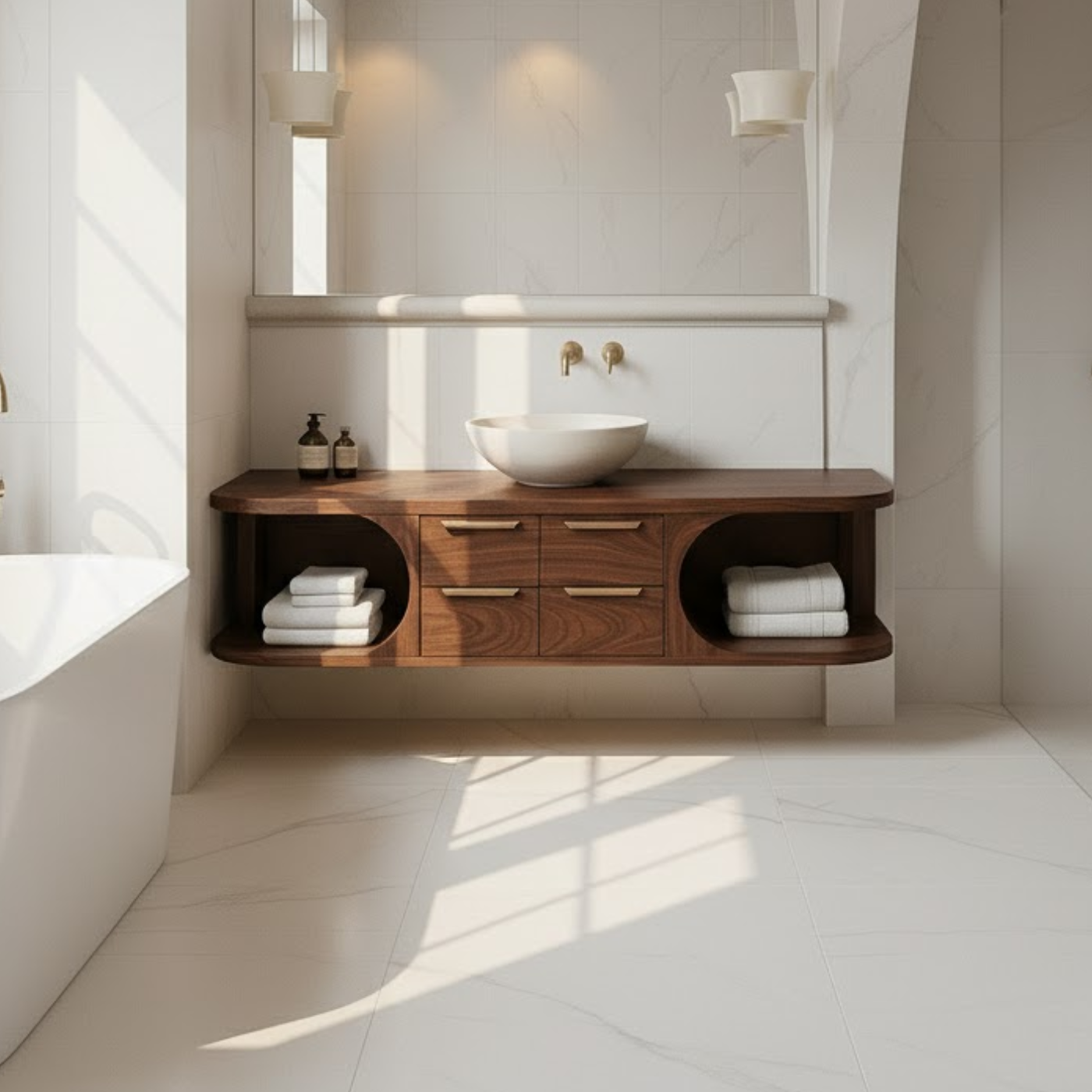 Handcrafted Solid Wood Floating Vanity - Modern Walnut Bathroom Console with Vessel Sink