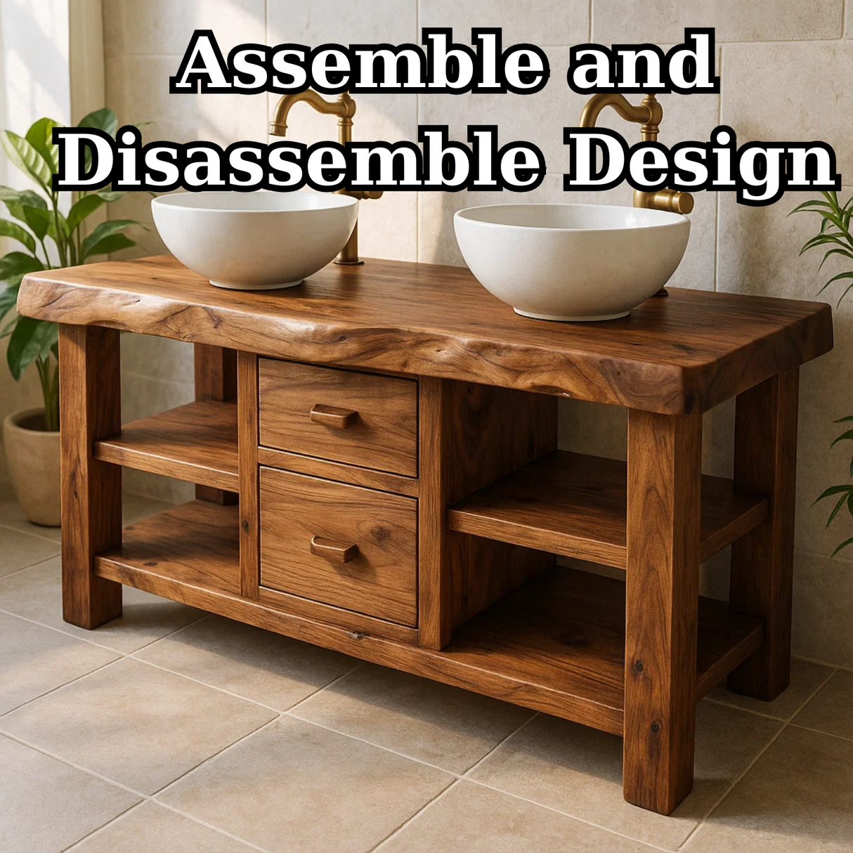 Handcrafted Solid Wood Floating Double Vanity - Live Edge Top, 2 Drawers & Open Shelves