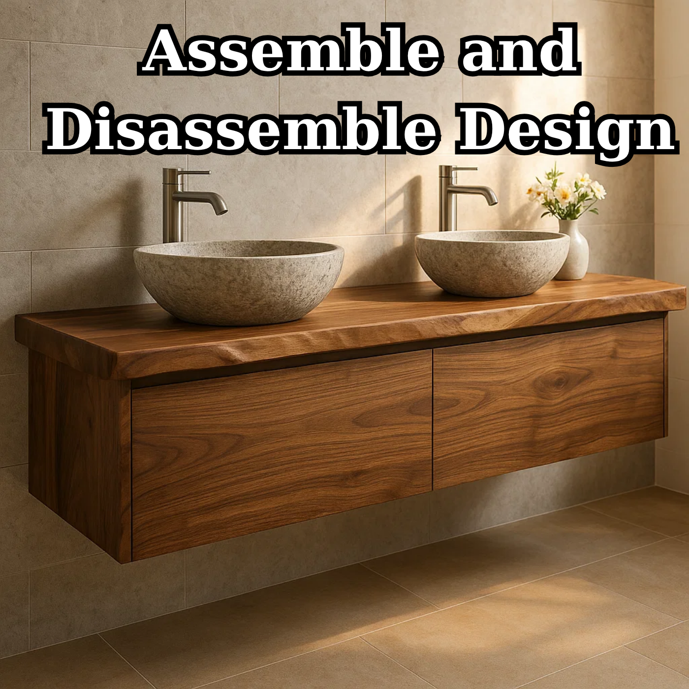 Handcrafted Solid Wood Floating Vanity - Double Sink Live Edge Walnut Console 2-Drawer