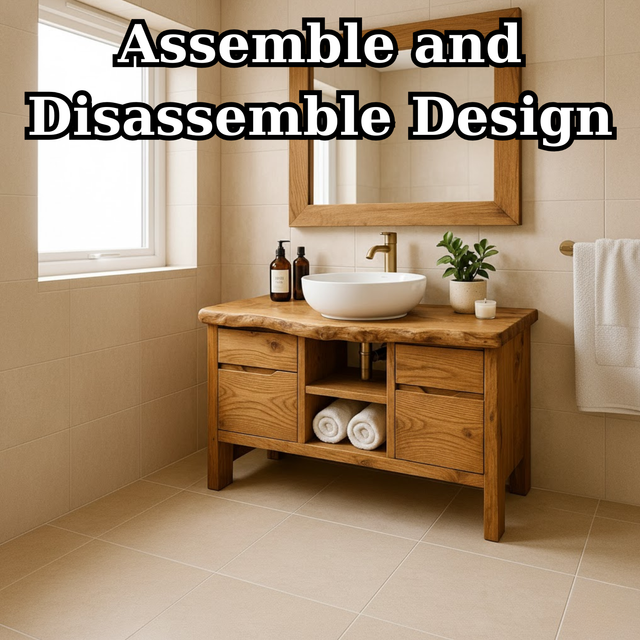 Handcrafted Solid Wood Bathroom Vanity with Live Edge Oak Top and Storage Shelves