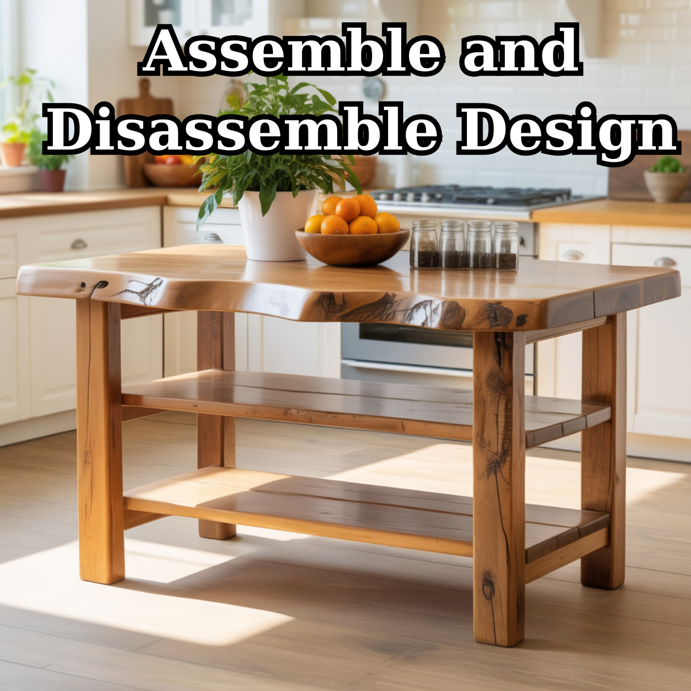 Handcrafted Solid Wood Kitchen Island - Natural Live-Edge Top & Open Shelving