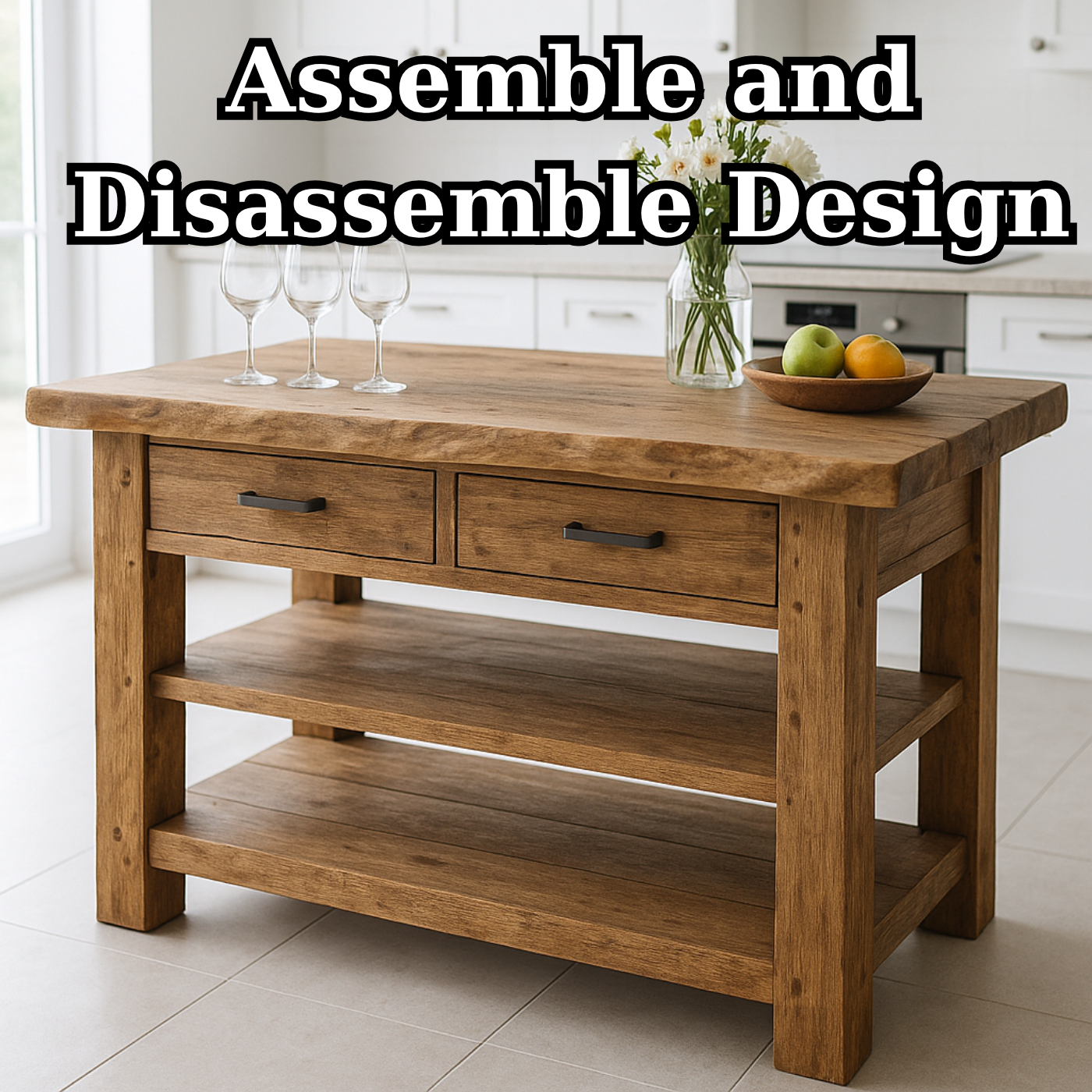 Handcrafted Solid Wood Kitchen Island - Live-Edge Top, 2 Drawers & Shelves