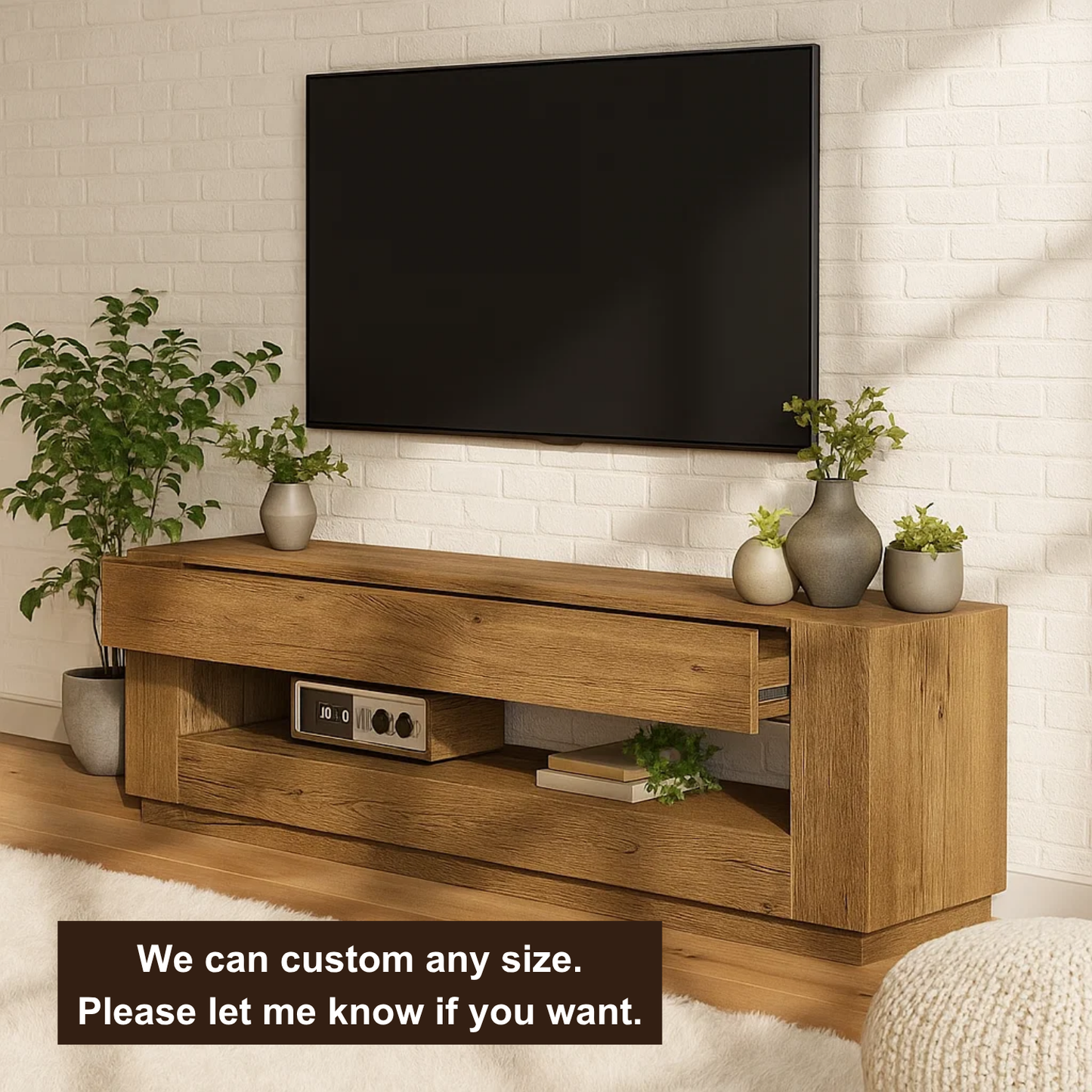 Handcrafted Solid Wood TV Stand – Modern Minimalist Media Console with Hidden Storage Shelf