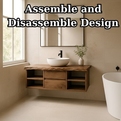 Handcrafted Solid Wood Floating Vanity - Live Edge Console with Central Drawers & Open Shelving