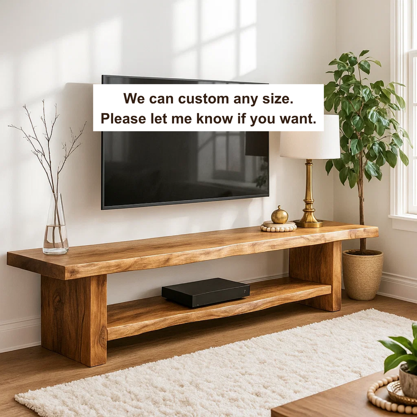 Handcrafted Solid Wood Live Edge TV Stand – Minimalist Organic Media Console for Living Room