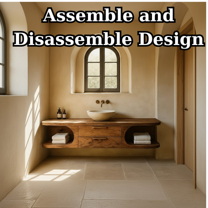 Handcrafted Solid Wood Floating Vanity - Organic Console with Curved Edges and Storage Nooks