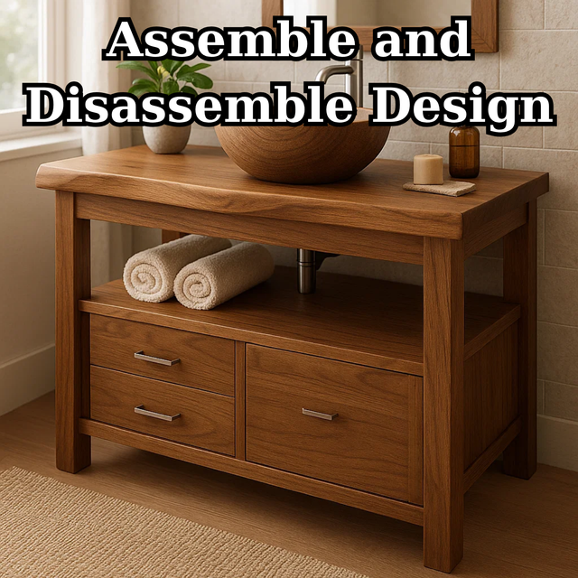 Handcrafted Solid Wood Bathroom Vanity with Live Edge Oak Top and Metal Handles