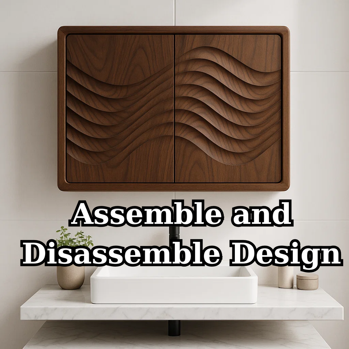 Handcrafted Solid Wood Wall Cabinet with Sculpted Wave Doors – Modern Artistic Bathroom Storage