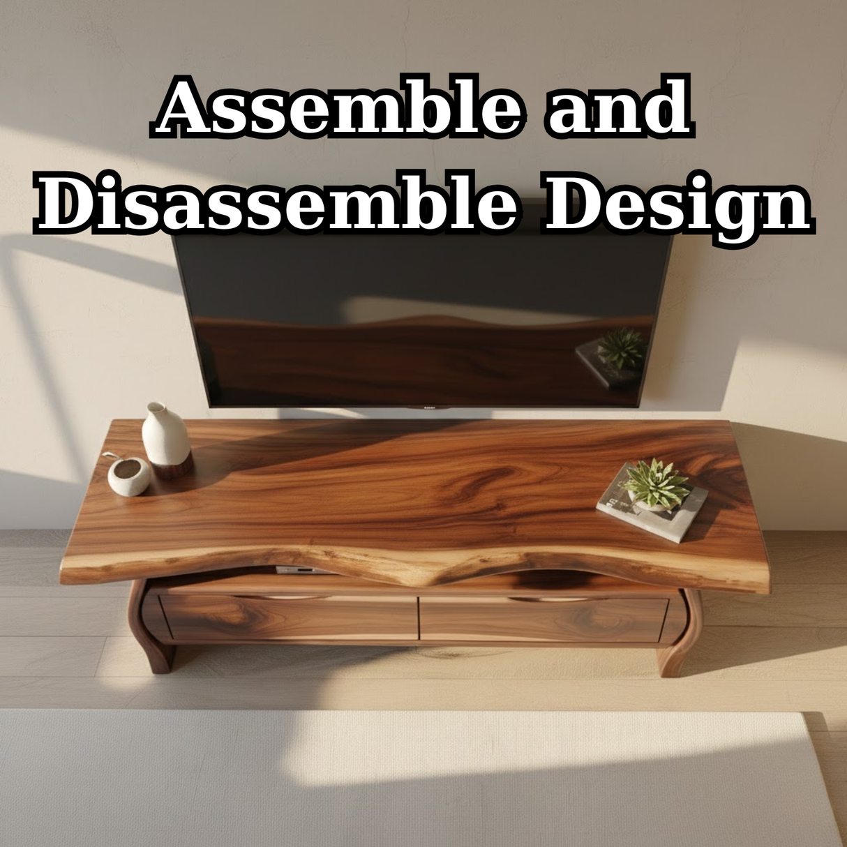 Handcrafted Live-Edge Solid Wood TV Stand with Sculpted Curved Base