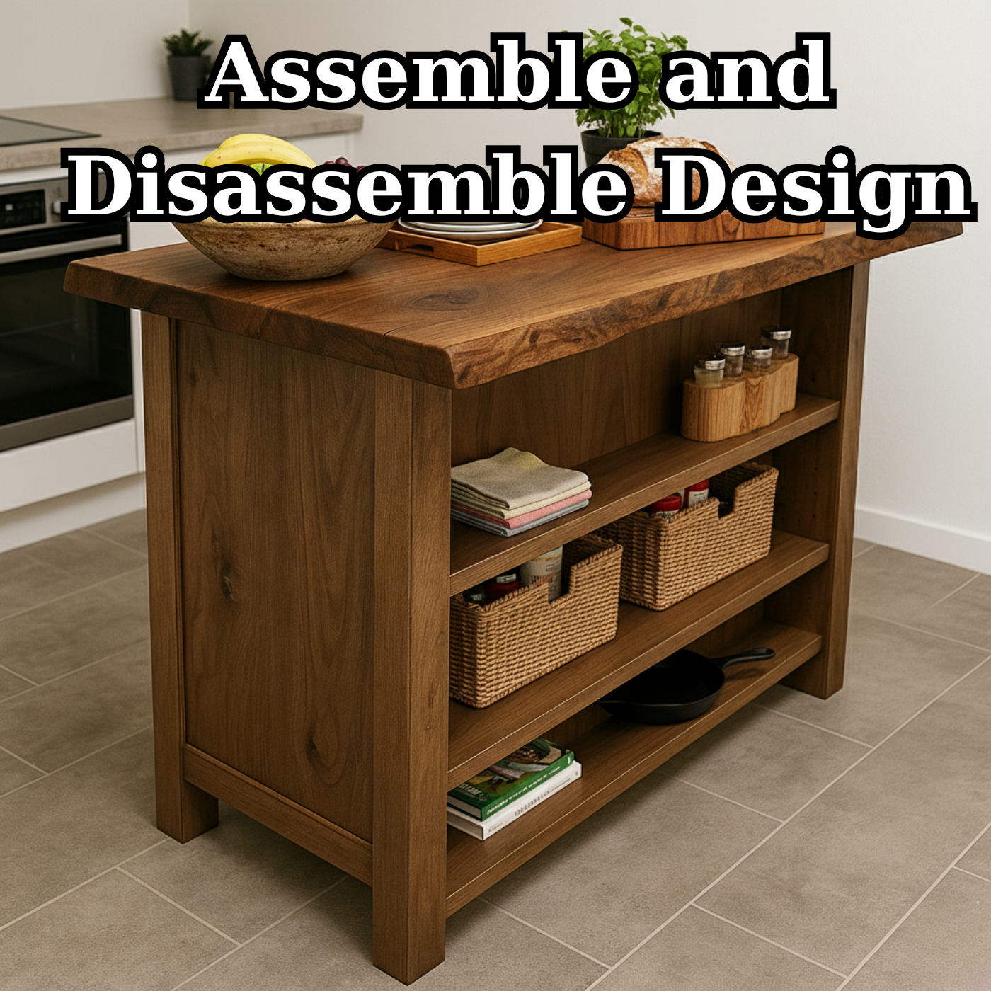 Handcrafted Solid Wood Kitchen Island - Rustic Live Edge & Open Shelves