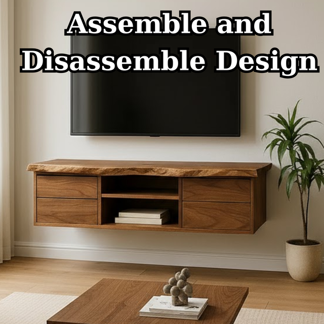 Handcrafted Solid Wood Floating TV - Live Edge Walnut, 4 Drawers & Open Shelf