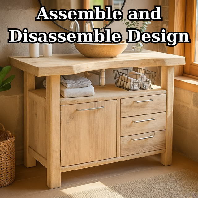 Handcrafted Solid Wood Bathroom Vanity with Live Edge Oak Top and Storage Drawers