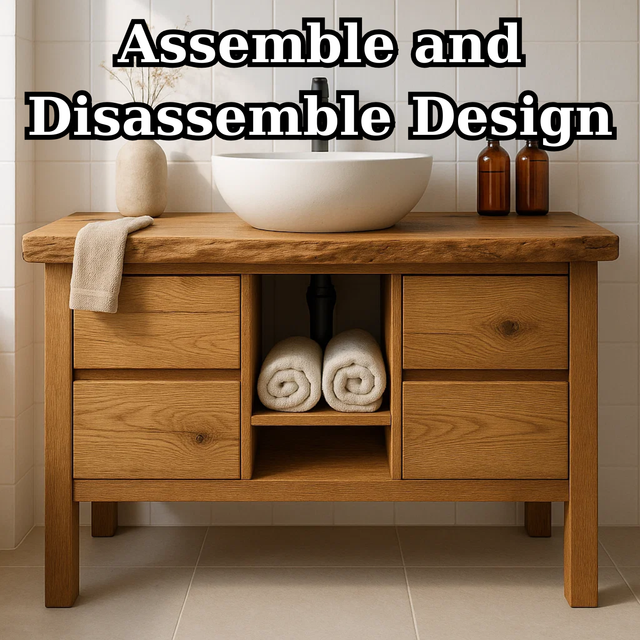 Handcrafted Solid Wood Bathroom Vanity - Live Edge Top with Drawers & Open Shelf Storage