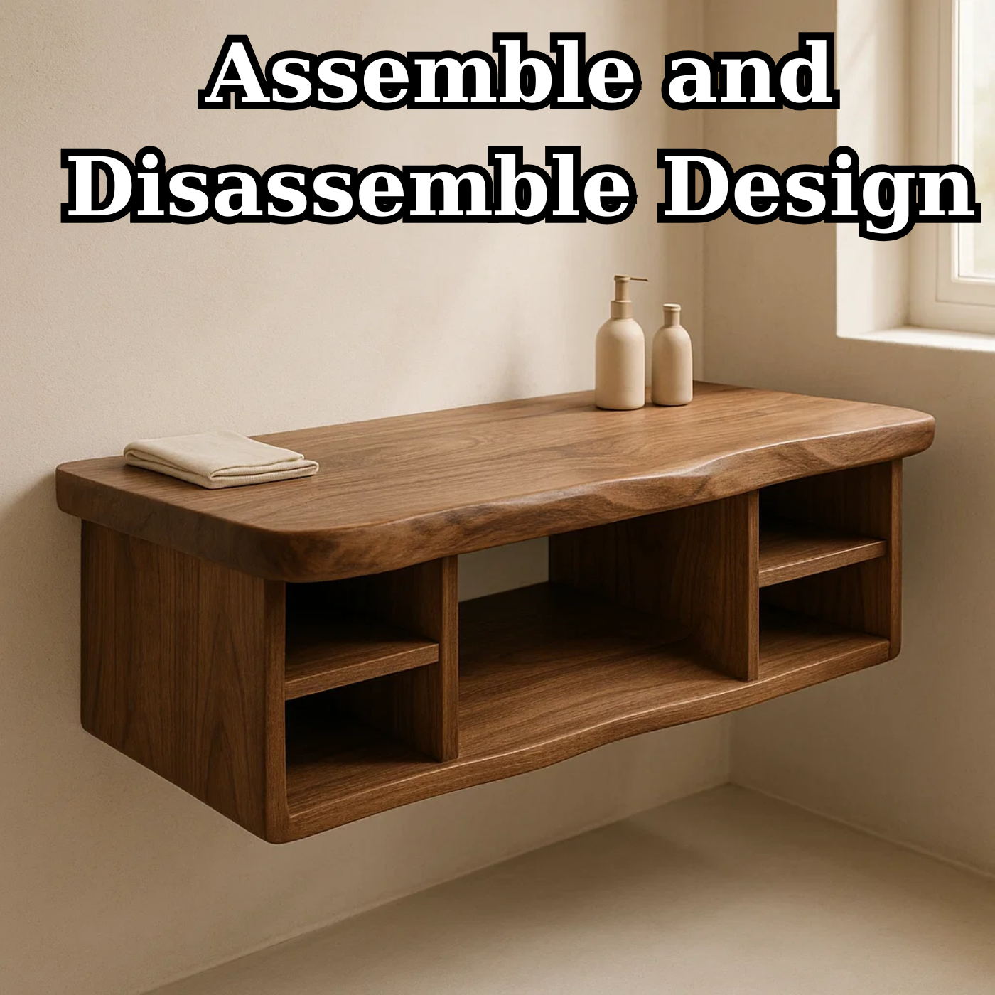 Handcrafted Solid Wood Floating Vanity - All Open Live Edge Console with Display Shelves