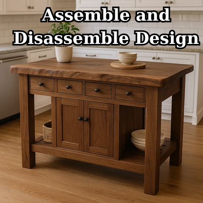 Handcrafted Solid Wood Kitchen Island - 4 Drawers & Cabinet Storage