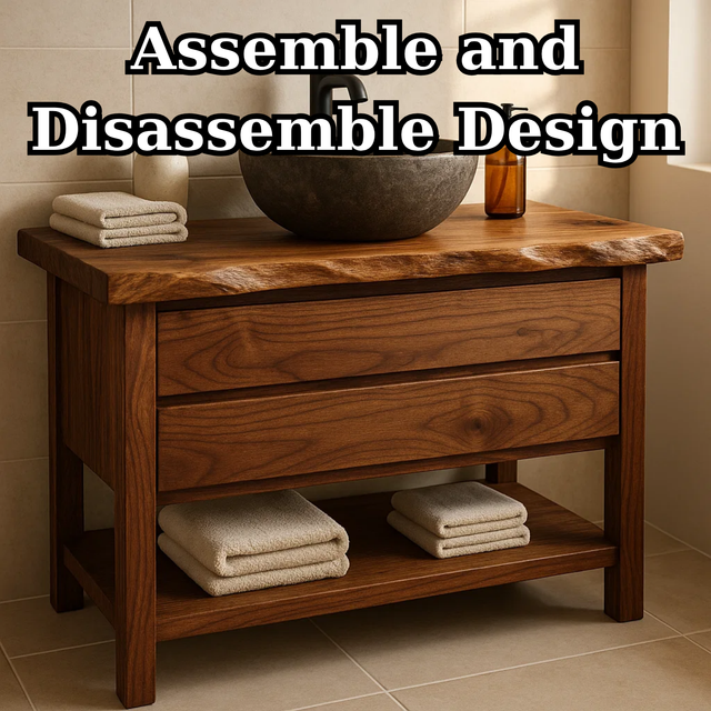 Handcrafted Solid Wood Bathroom Vanity - Live Edge Dark Wood Cabinet & Open Shelf