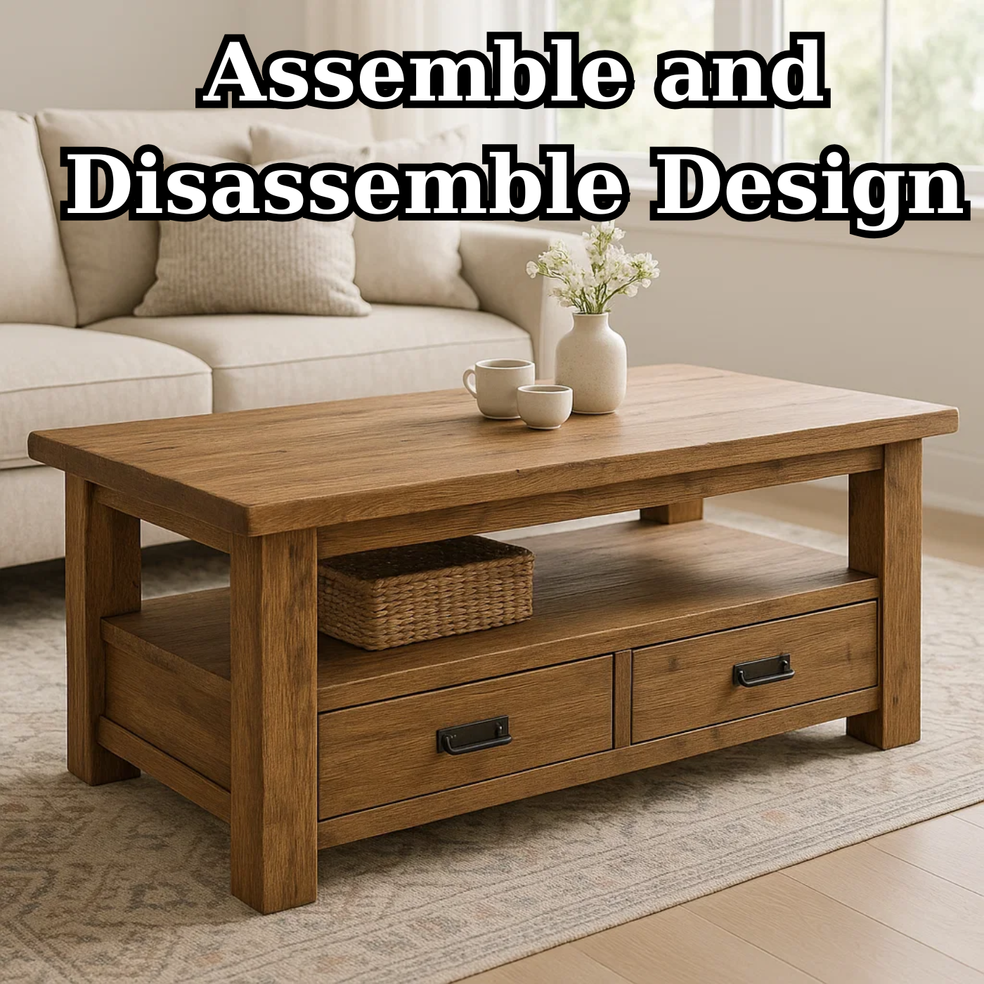 Handcrafted Solid Wood Coffee Table – Rustic Farmhouse Storage with Two Drawers and Shelf