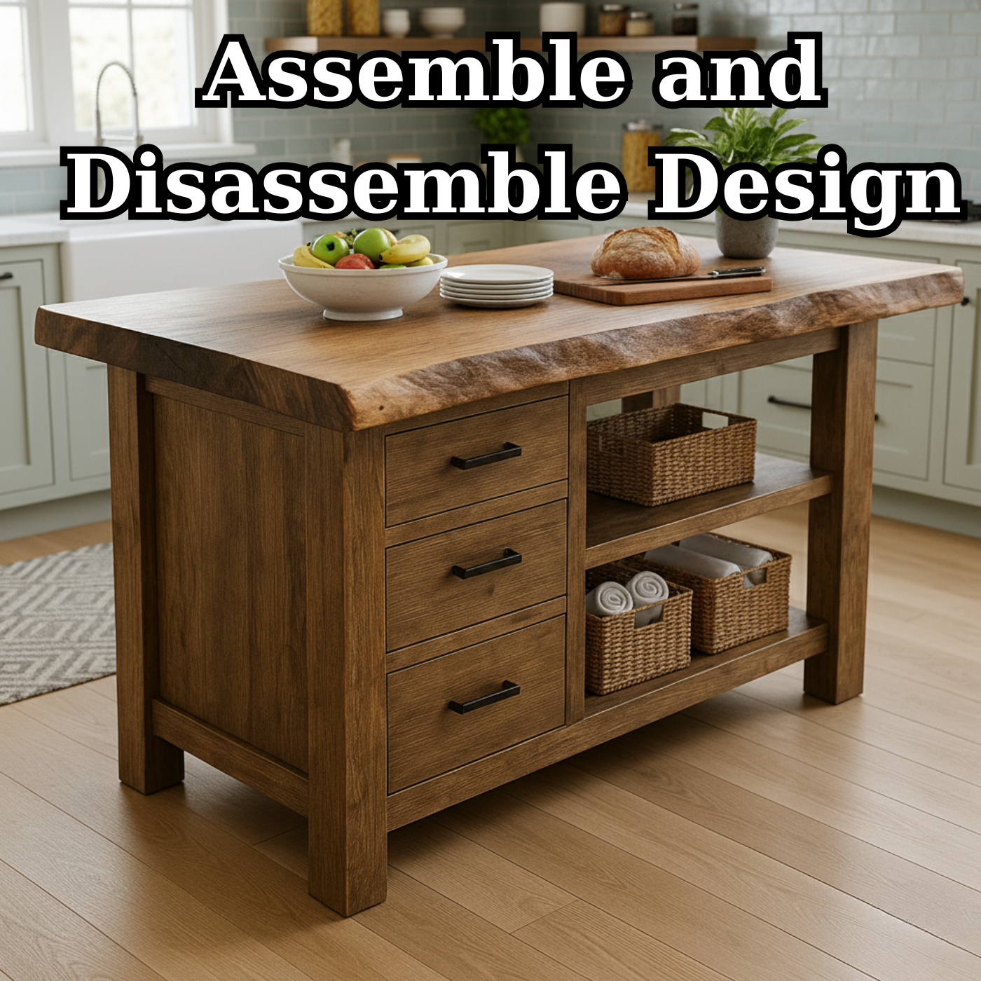Handcrafted Solid Wood Kitchen Island - Live Edge, Drawers & Open Shelves