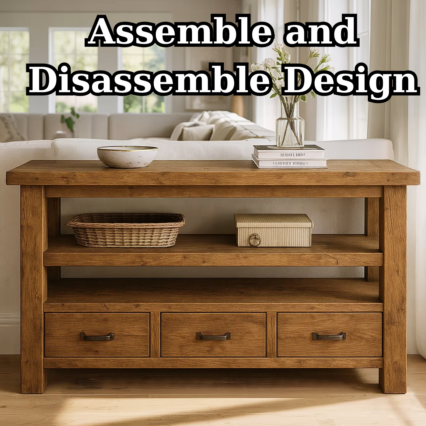 Handcrafted Solid Wood Console Table – Farmhouse Style with Three Storage Drawers