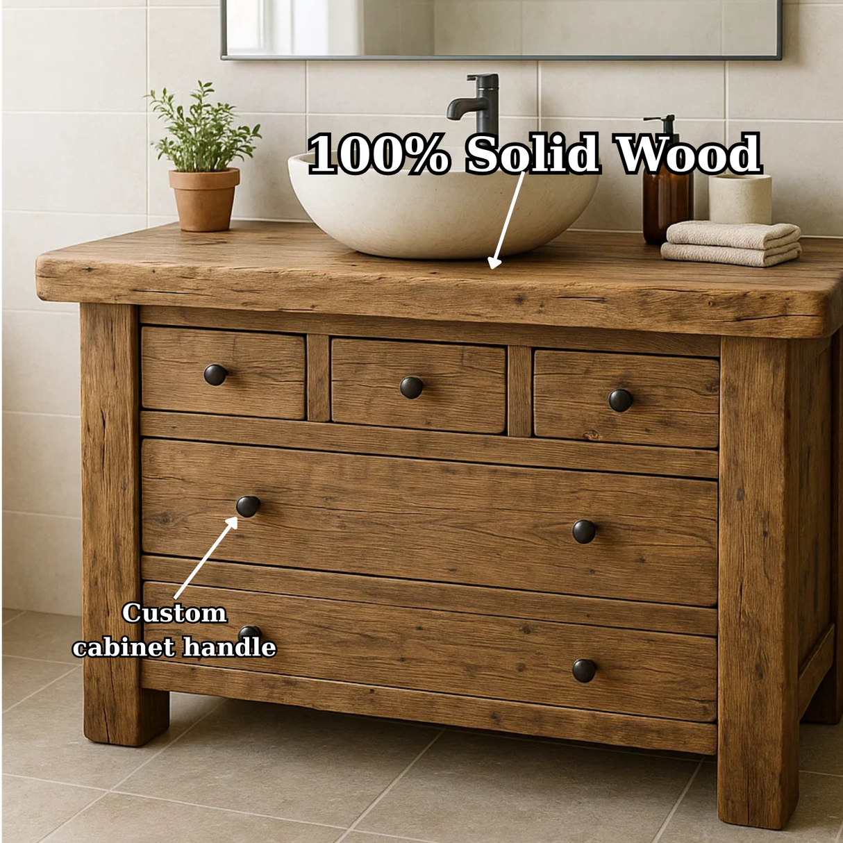 Handcrafted Solid Wood Single Bathroom Vanity - Rustic Storage Cabinet with Drawers