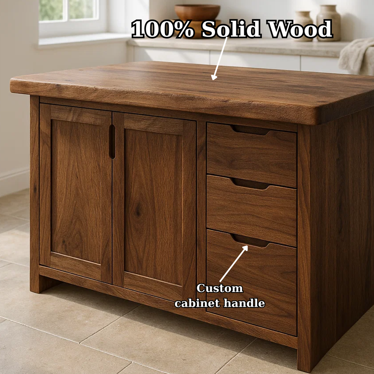 Handcrafted Soild Wood Kitchen Island - Modern Storage Cabinet & Prep Station
