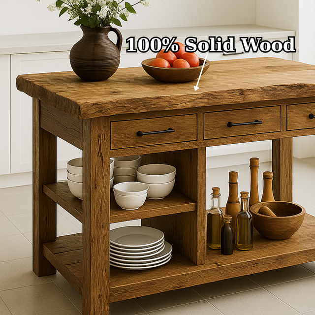 Handcrafted Solid Wood Kitchen Island - Live-Edge Top, 3 Drawers & Shelves