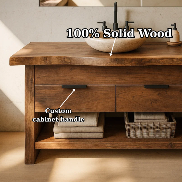 Handcrafted Solid Wood Bathroom Vanity with Live Edge Top and Open Storage Shelf