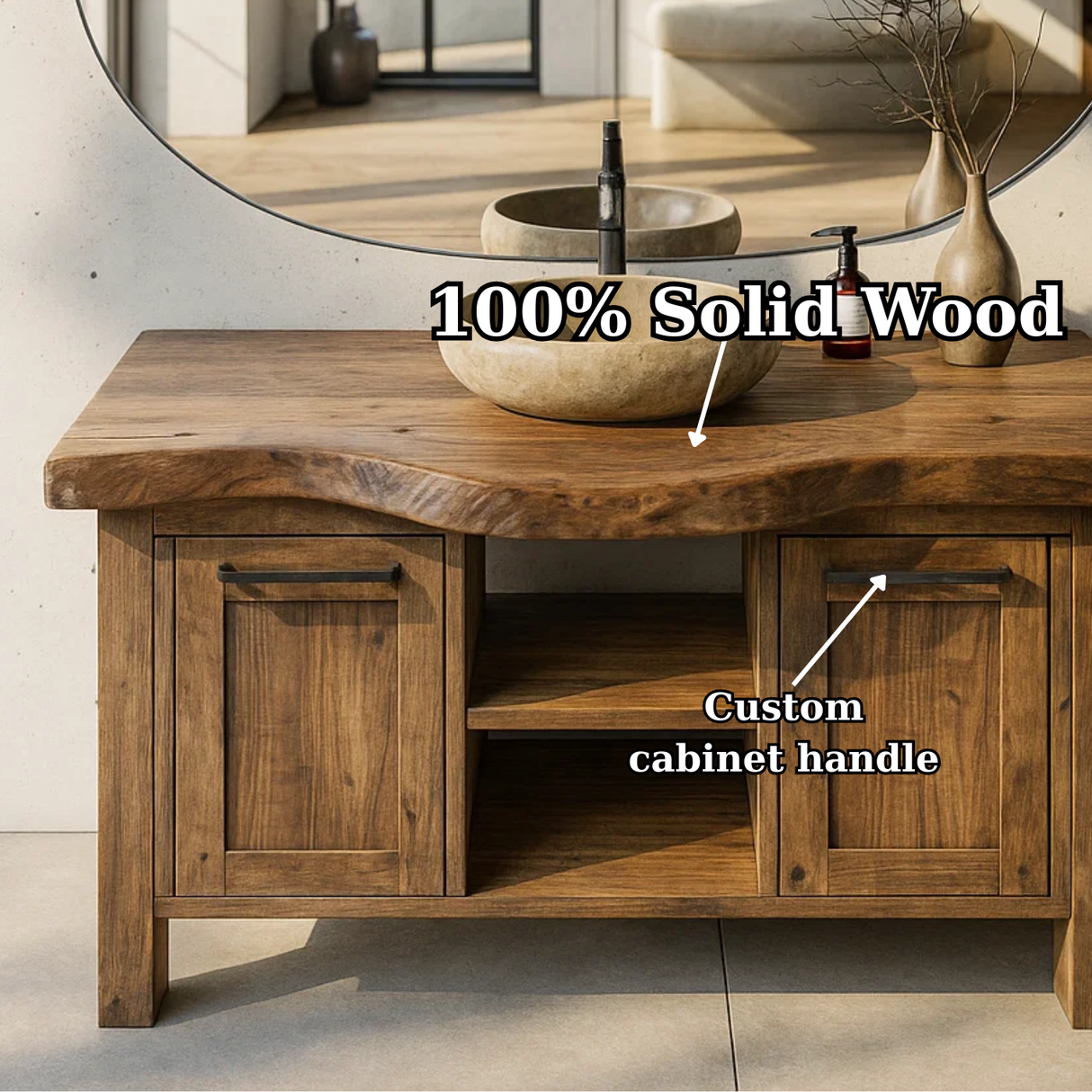 Handcrafted Solid Wood Bathroom Vanity with Live-Edge Top and Dual Side Cabinets