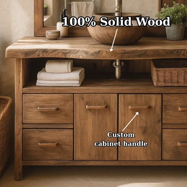 Handcrafted Solid Wood Bathroom Vanity with Live Edge Walnut Top and Double Cabinet Storage